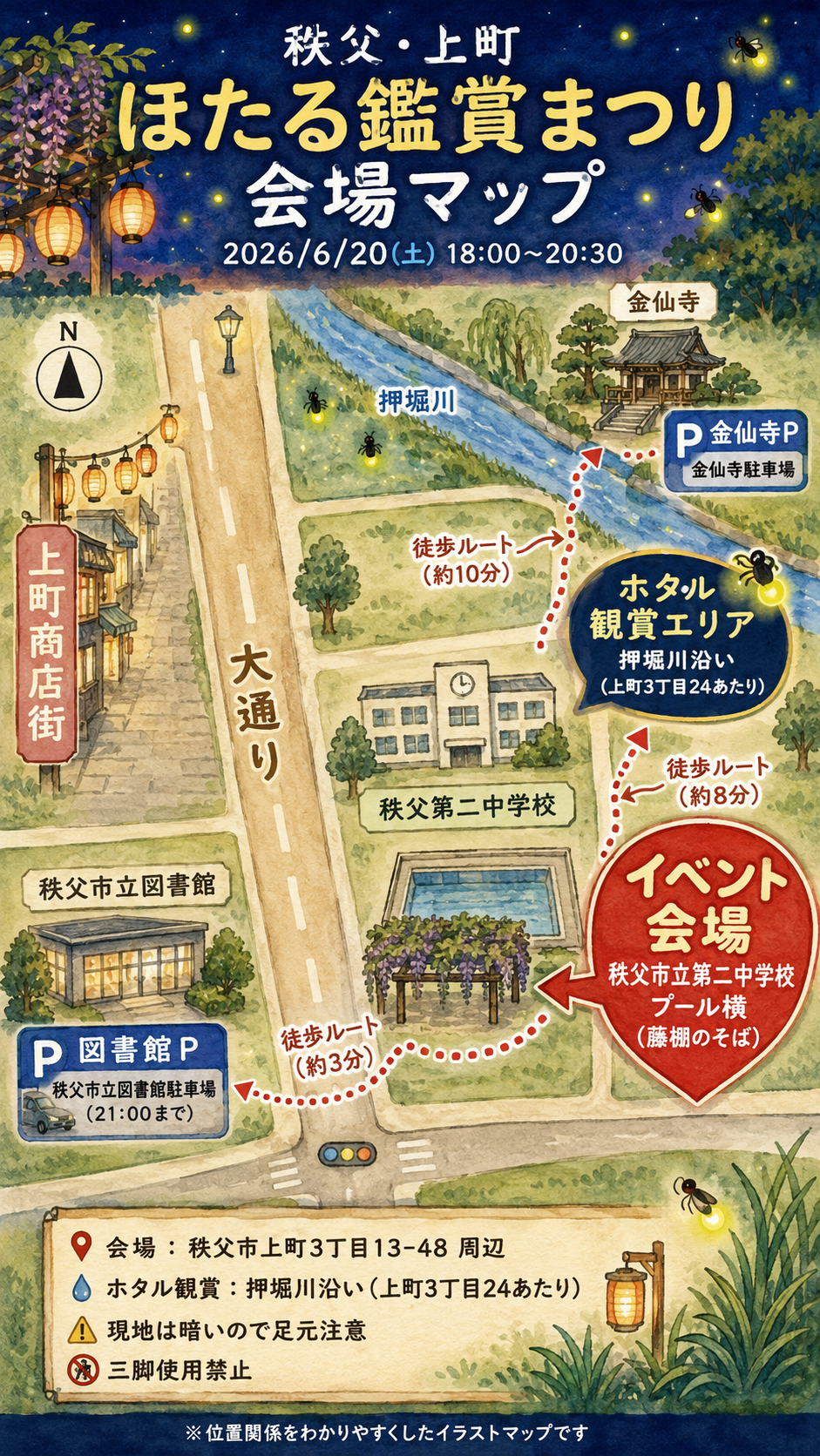 秩父・上町「ほたる鑑賞まつり2026」6月20日開催|屋台・キッチンカー・先着100名どら焼きも楽しめる初夏の夜イベント|エキリプ - 西武秩父駅の写真