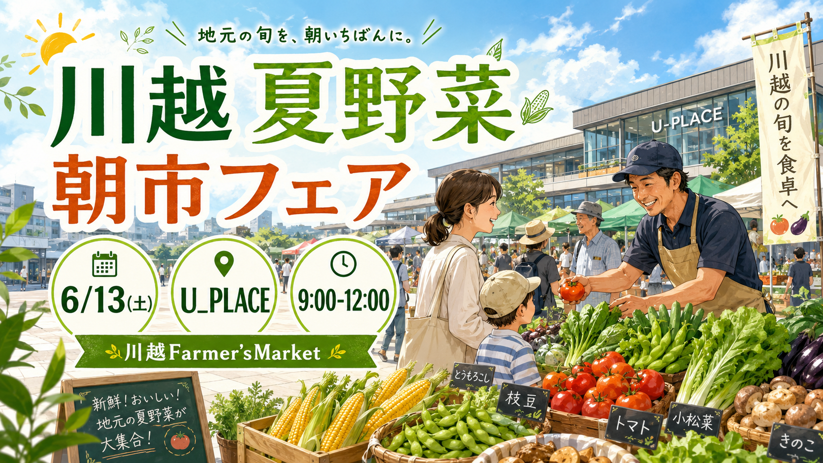 【川越駅西口】U_PLACEで夏野菜の朝市フェア開催！とうもろこし・枝豆・パンまで並ぶ川越Farmer’sMarketガイド｜エキリプ - 本川越駅の写真