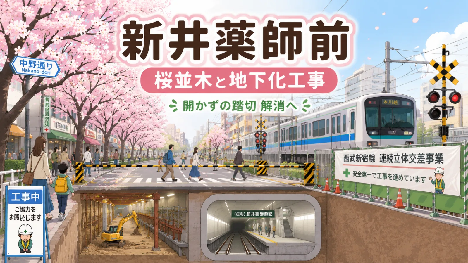 新井薬師前駅が地下へ!桜の中野通りと「開かずの踏切」解消まで続く超長期工事 - 新井薬師前駅の写真
