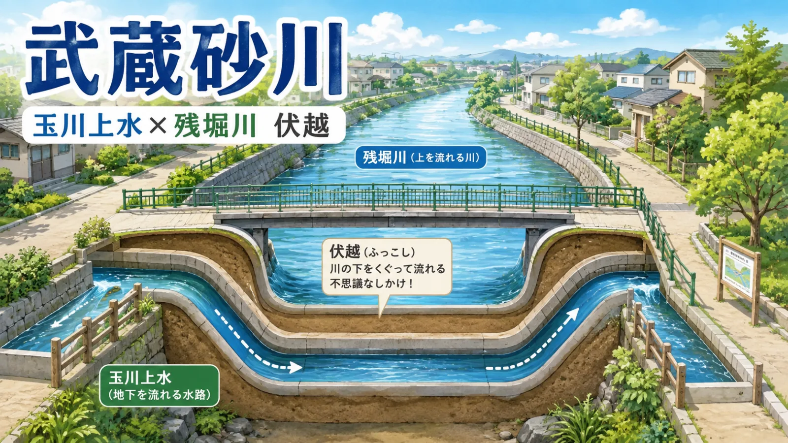 武蔵砂川の玉川上水「伏越」とは？残堀川をくぐる水路の立体交差 - 武蔵砂川駅の写真
