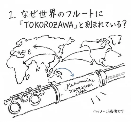 所沢の刻印と世界地図を描いた鉛筆イラスト