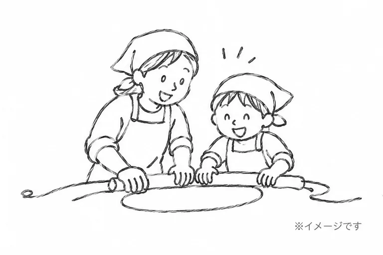 親子でそばを打つ手描きイラスト