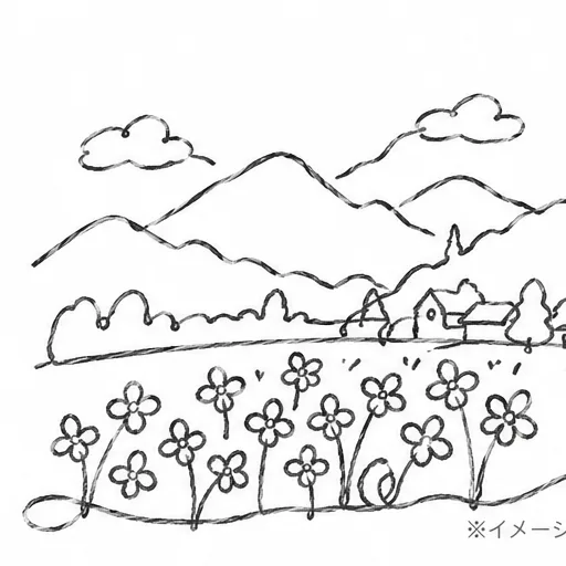 荒川地区の山々とそば畑の手描きイラスト