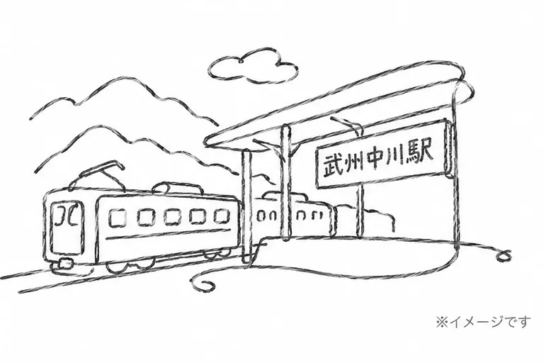 武州中川駅と電車の手描きイラスト