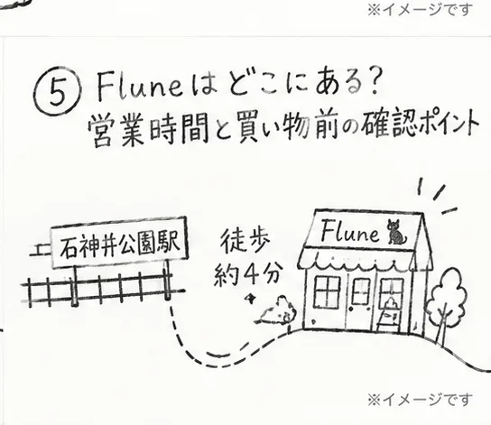 駅とお店のアクセスを描いた鉛筆イラスト